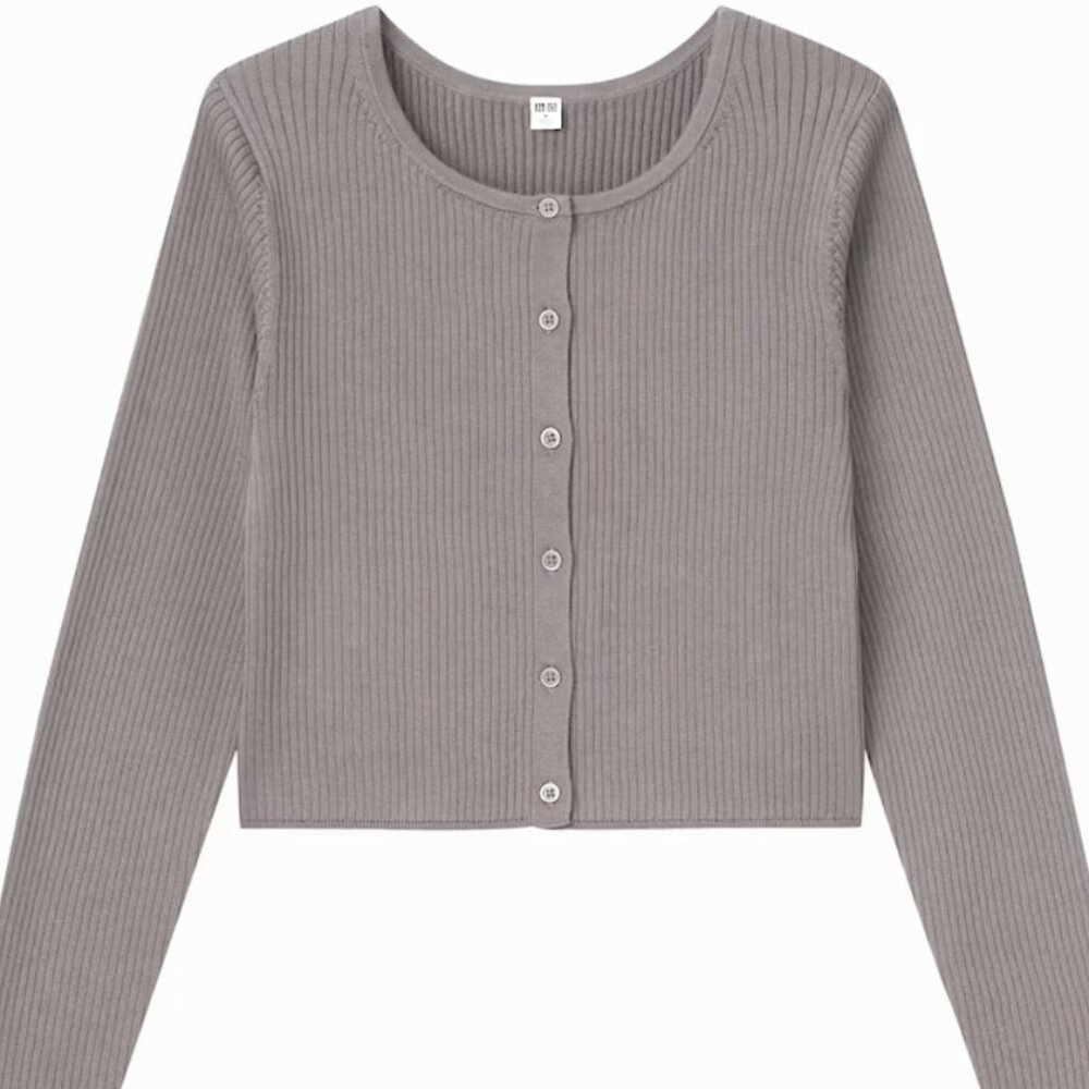 Uniqlo Mini Cardigan Grey Rib Knit Sweater Cropped Long Sleeve - Size M